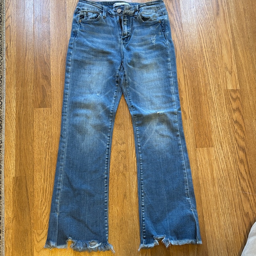 Denim Boot Cut Flare Jeans with Distressed Hem